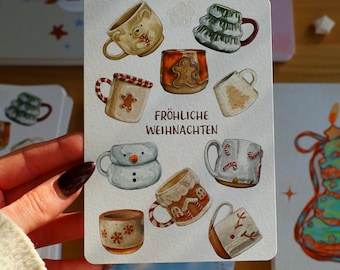 Christmas card, Christmas postcard, greeting card with mug collage, Christmas design, Christmas mail for gifting