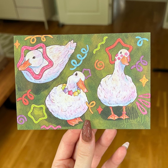 Gänse Postkarte A6 Format • Bunte Illustration • Dekorative Gänse Karte • Strukturpapier Optik • Matte Oberfläche
