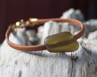 Meerglas Armband "Seegras", Kork mit Karabinerverschluss