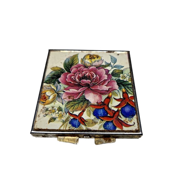 Vintage Floral Mirror Compact, Double Mirrors, Unmarked Maker Unknown, Square Compact pocket