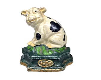 Vintage Cast Iron Cow Door Stop, Spotted Farm Animal Doorstop, Rustic Farmhouse Decor, Heavy Metal Door Stopper, Collectible Cow Figurine