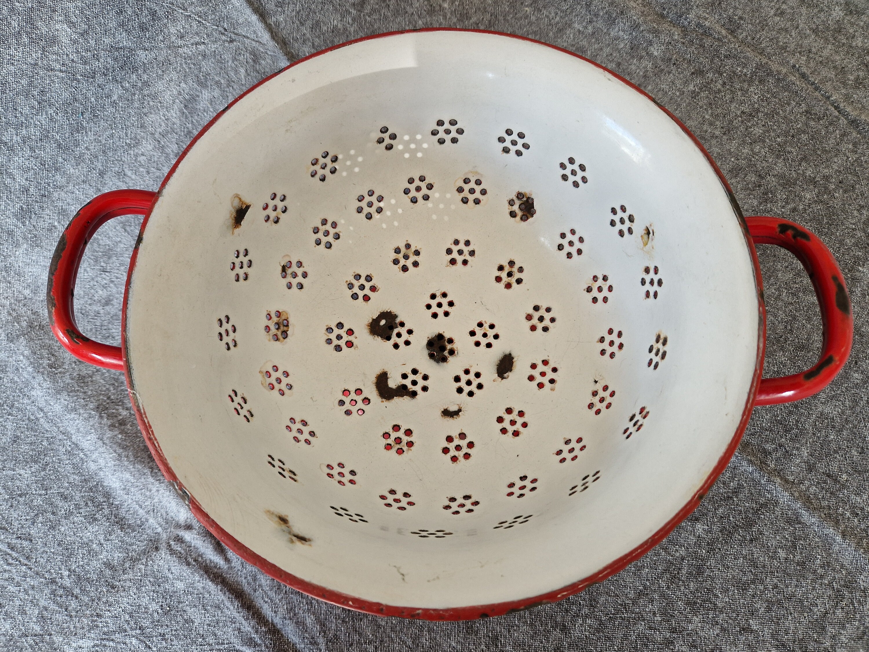 Red Enamel Colander Vintage French Enamelware Drainer Kitchen Strainer