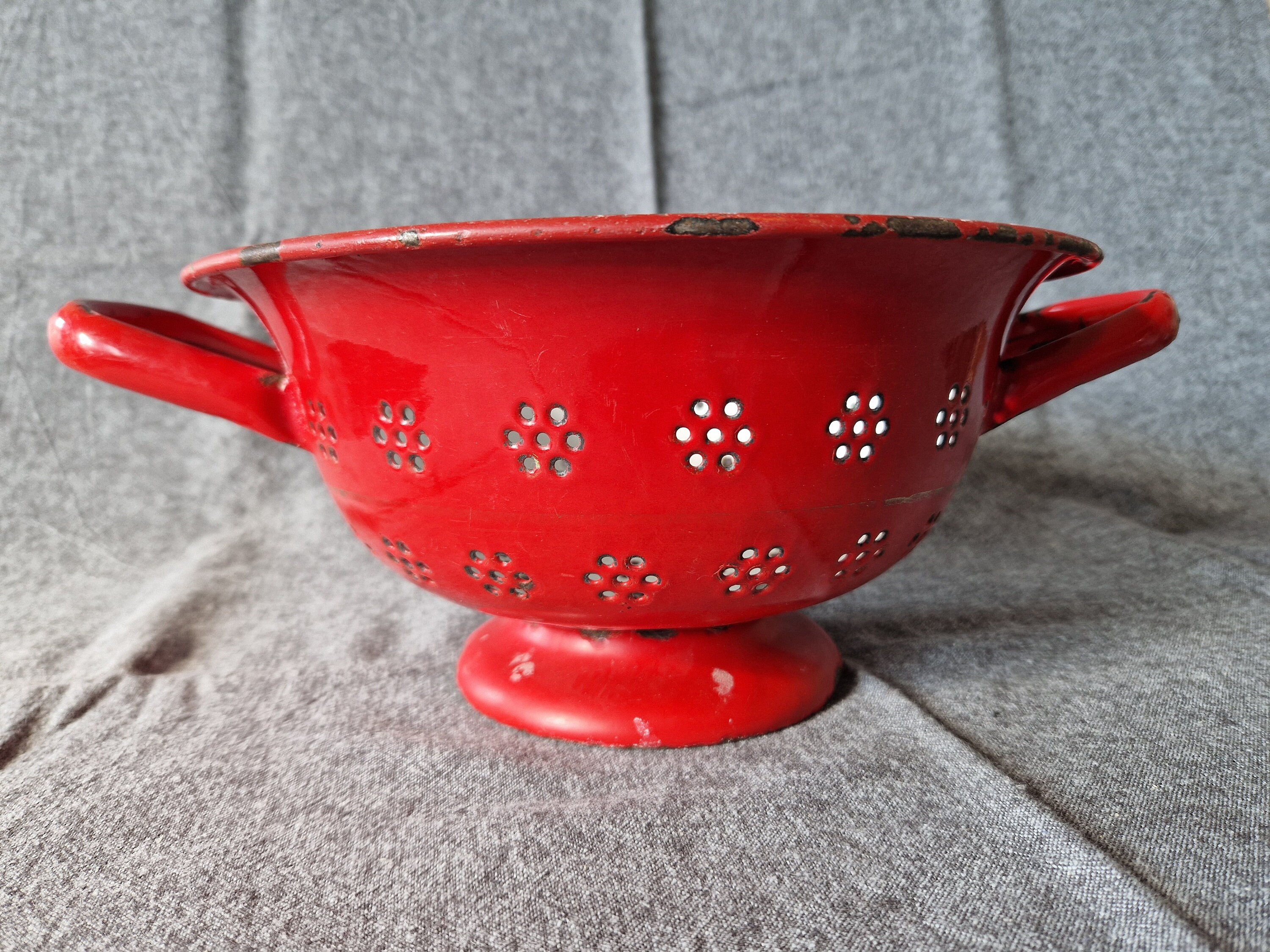 Red Enamel Colander Vintage French Enamelware Drainer Kitchen Strainer