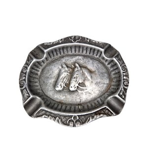 Vintage metal ashtray, Tin Ashtray, Horse heads design pewter, Old ashtray for horse lover