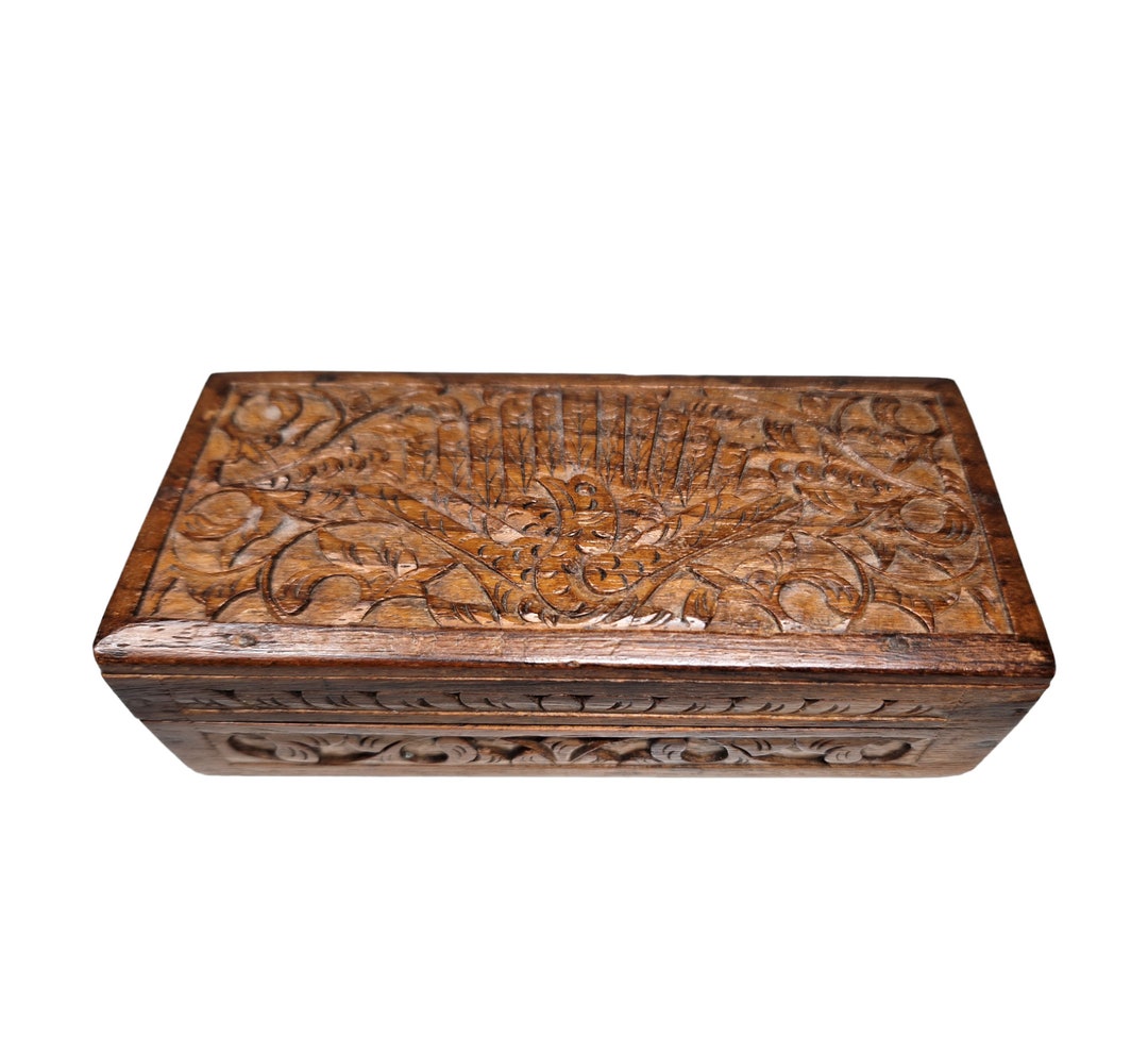Handcarved Wood Box, Vintage Hand Carved Peacock Design Wooden Box