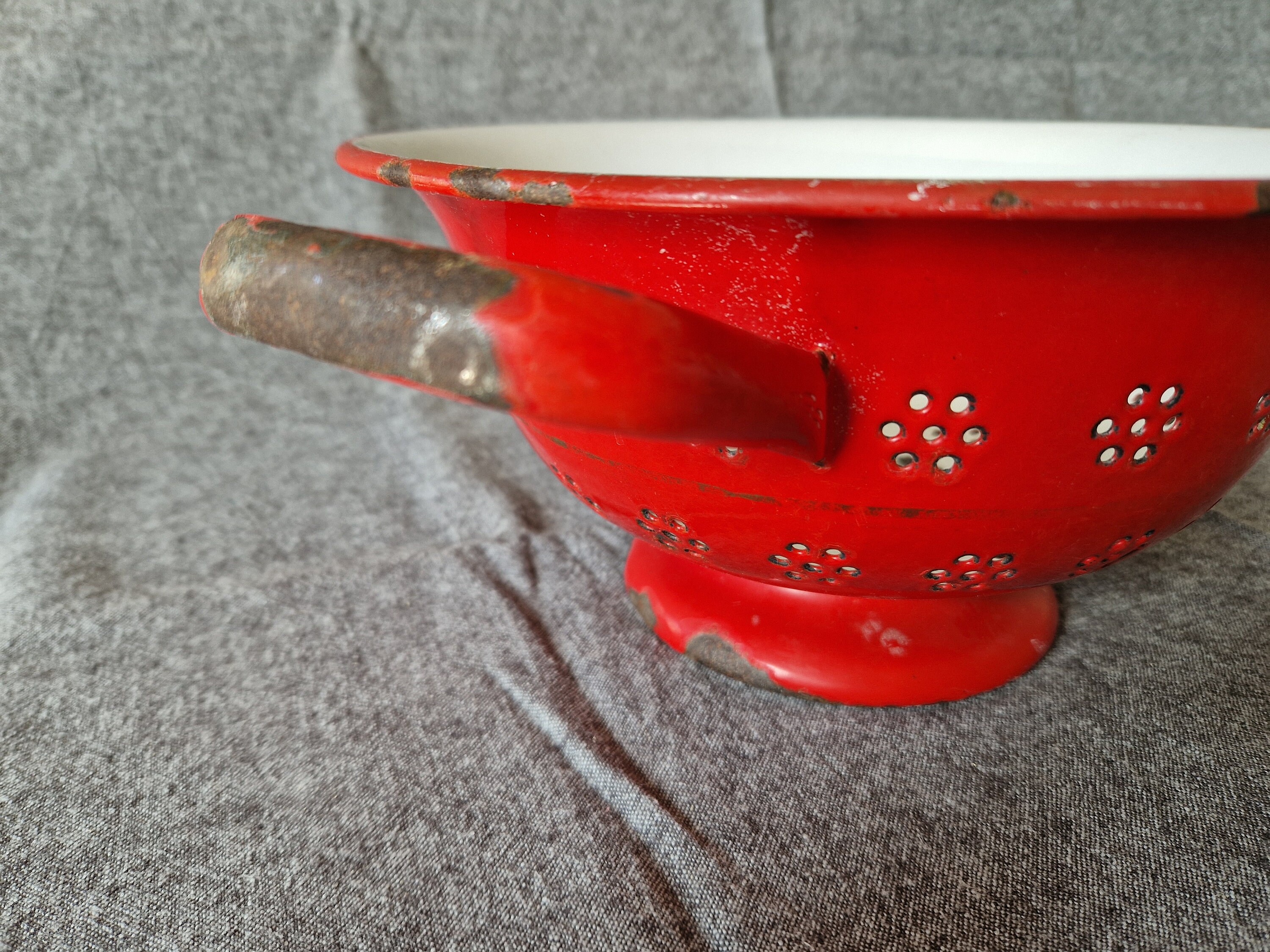 Red Enamel Colander Vintage French Enamelware Drainer Kitchen Strainer