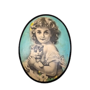 Decoração de parede da era soviética dos anos 1960, linda garota com gato, feita em papelão de formato oval da URSS