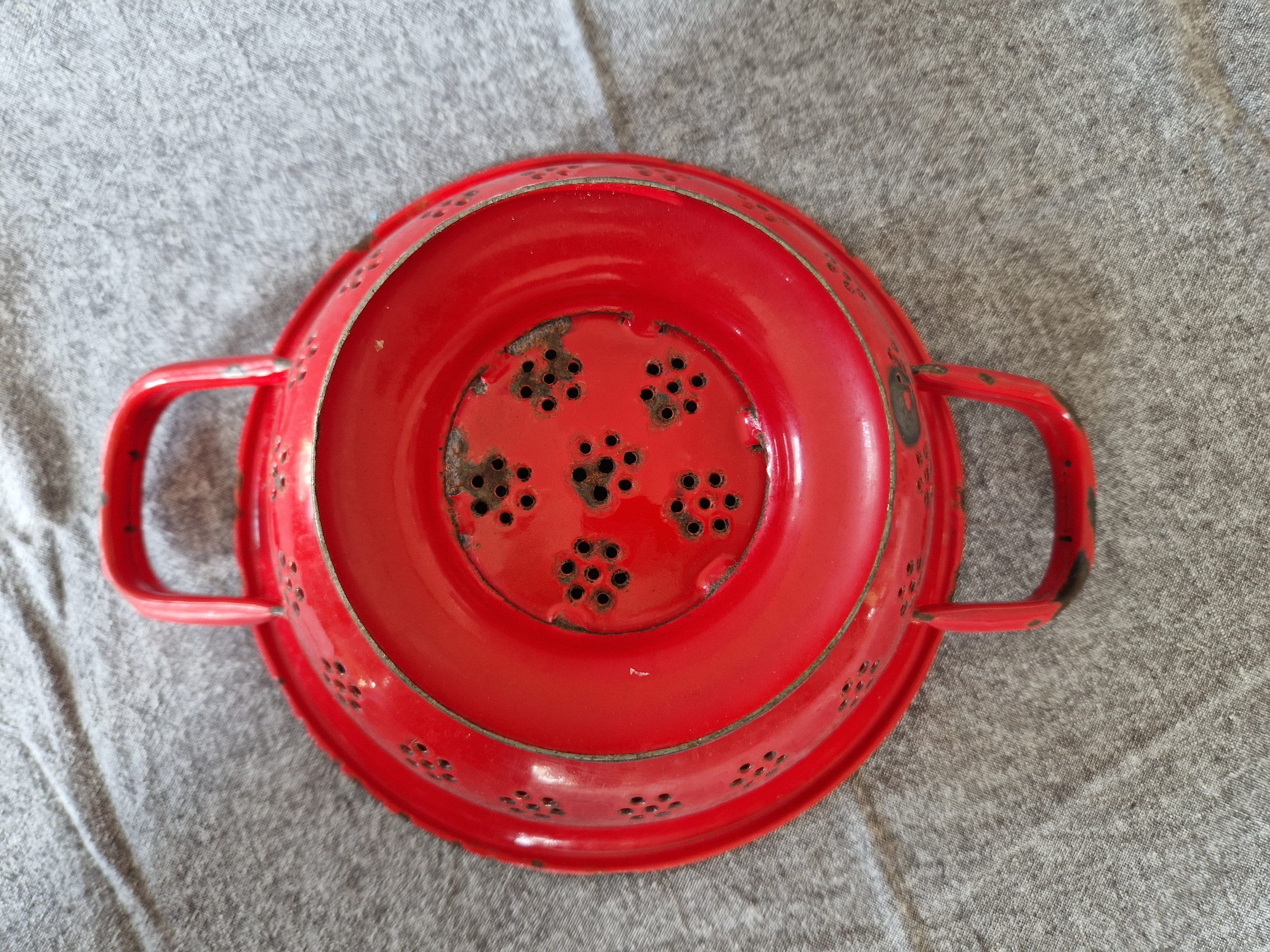 Red Enamel Colander Vintage French Enamelware Drainer Kitchen Strainer