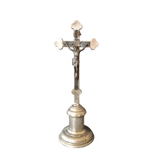 Antique metal altar Gothic Icon Jesus Christ crucifix, Vintage standing altar, Metal crucifix with stand, big metal crucifix altar decor