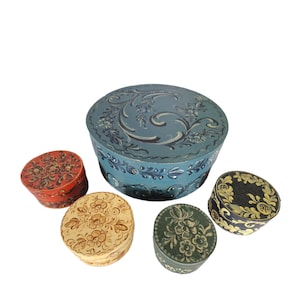 Vintage set of 5 hand-painted wooden boxes – Scandinavian folk art style trinket containers, rustic home decor, collectible gift set