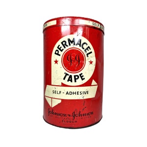 Vintage tin box. Permacel Tape metal tin, Cellulose tape red can, johnson & johnson, Collectable thing