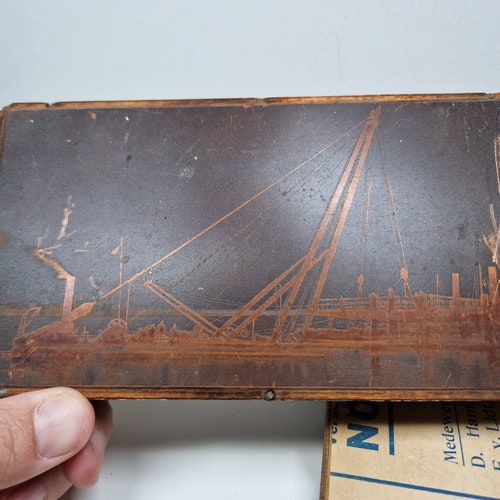 Vintage Wood and Metal Printing Letterpress Blocks, Dutch Ship Letterpress, Dutch Boat Scene Press blocks, Navy printing block metal shops plates