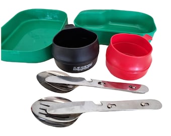Vintage Camping Mess Kit Set, Plastic Bowl Cup Set with Folding Utensils, Outdoor Hiking Picnic Gear, Retro Camp Kitchen Set