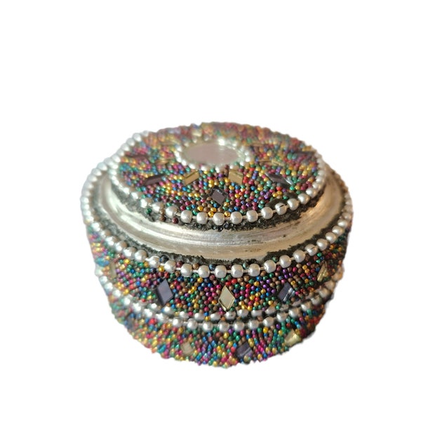 Vintage Jewelled Pill Box, Small Round Mirror box, Decorated Small Round Jewelry Gift Container, Traditional India Handcrafted tin box