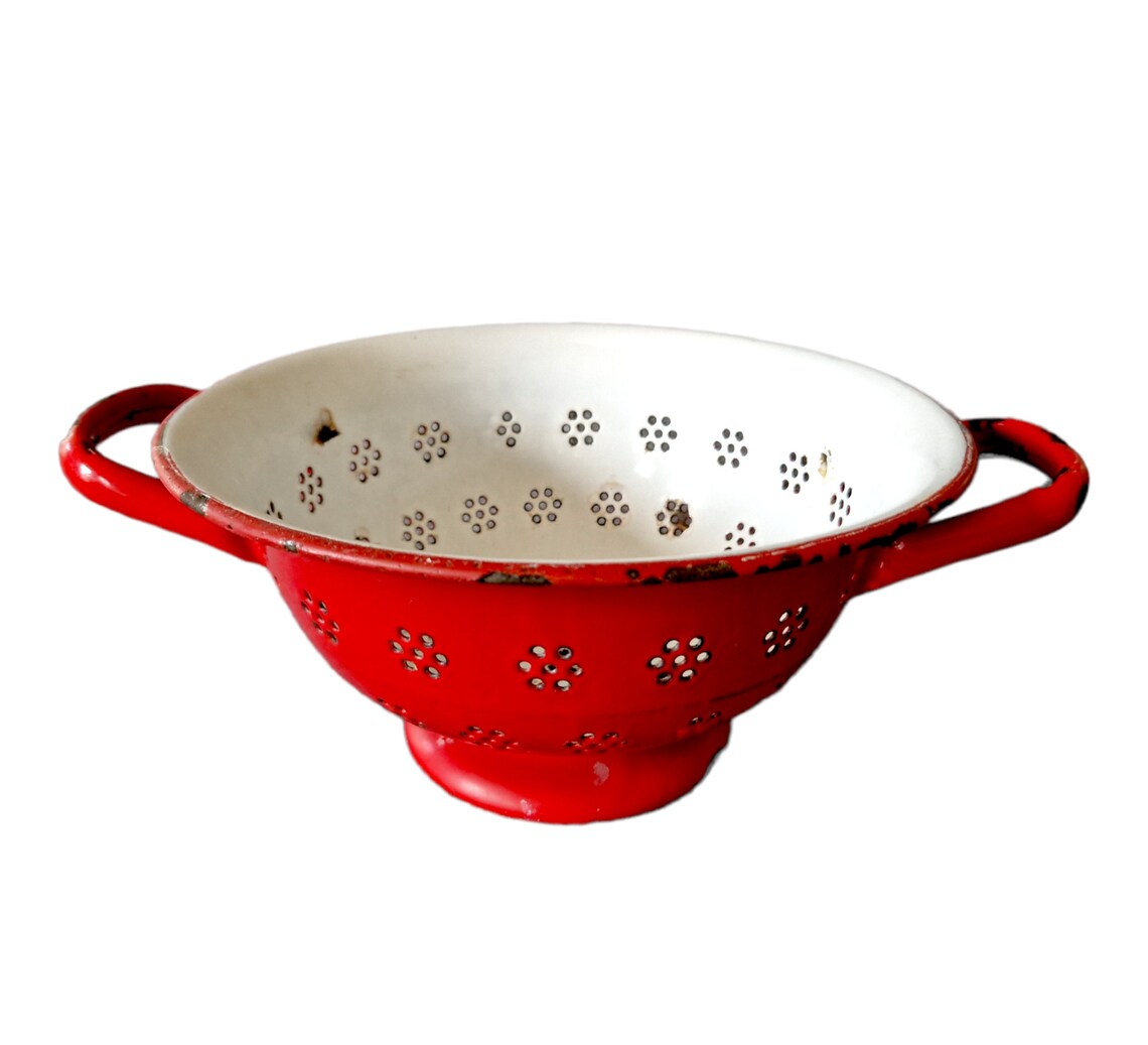 Red Enamel Colander Vintage French Enamelware Drainer Kitchen Strainer