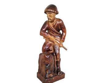 Vintage hand carved wood soldier statue, Army Soldier Handmade Wood Carving, ww2 soldier art, folk art military figurine