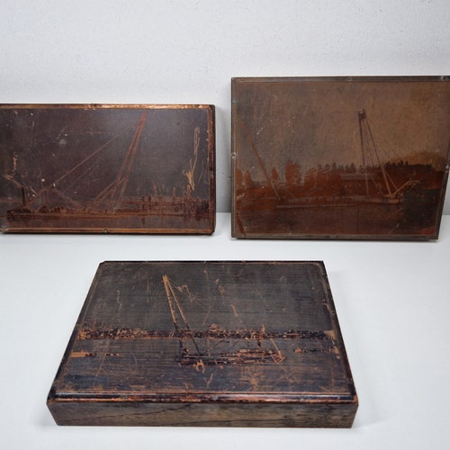 Vintage Wood and Metal Printing Letterpress Blocks, Dutch Ship Letterpress, Dutch Boat Scene Press blocks, Navy printing block metal shops plates