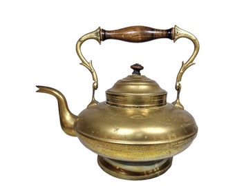 Tetera de latón antiguo, tetera de latón vintage, tetera de latón antiguo con mango de madera, tetera de estilo de Oriente Medio, tetera de latón asiático antiguo