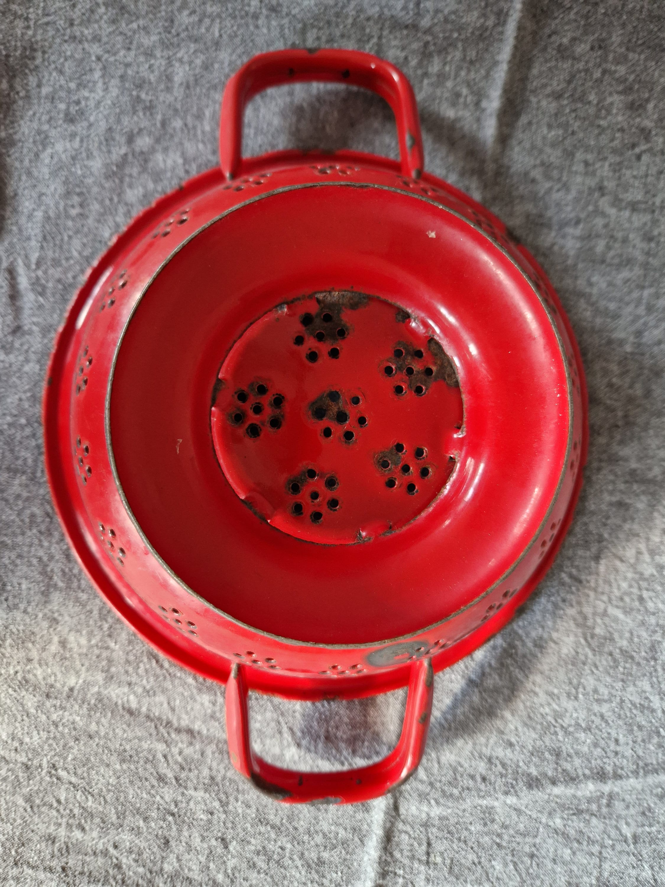 Red Enamel Colander Vintage French Enamelware Drainer Kitchen Strainer