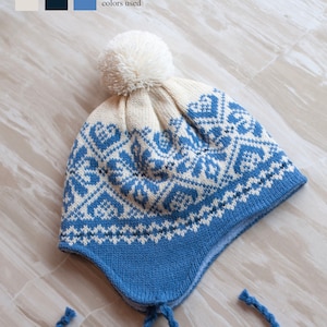 Snowflake hearts pattern knitted hat, ethnic pattern, wool beanie, blue  winter hat, women wool hat, knit ski hat, wool beanie, nordic hat.