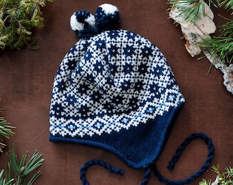 Kids Earflap Hat|Knit Nordic Beanie|Earflap Winter Hat|Kids Hat With Ties|Dark Blue Pom Pom Hat|Knitted Earflap Hat|Kids Nordic Hat
