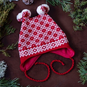 Kids Earflap Hat|Knit Nordic Beanie|Earflap Winter Hat|Kids Hat With Ties|Red Pom Pom Hat|Knitted Earflap Hat|Kids Nordic Hat