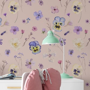 Pink and floral wallpaper, hand-drawn vintage florals, Removable and Peel&Stick, Traditional wallpaper, Floral wallpaper, Flowers wall,
