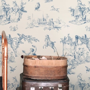Woodland Wallpaper Peel and Stick | Neutral Blue Wallpaper for Kitchen | Rustic Toile Traditional Non-Woven Wallpaper | TW04