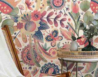 Botanical & Floral Wallpaper Peel and Stick | Cute Colorful Wallpaper for Bedroom | Boho Flowers Traditional Non-Woven Wallpaper | WF10