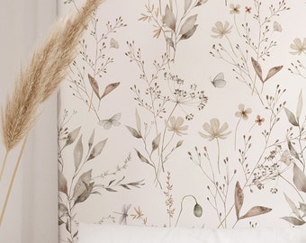 Botanical & Floral Wallpaper Peel and Stick | Warm Beige Wallpaper for Bedroom | Minimalistic Tiny Flowers Non-Woven Wallpaper | WF02
