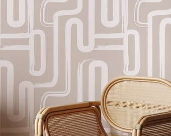 Abstract Wallpaper Peel and Stick | Calm Brown Wallpaper for Living Room | Boho Lines Traditional Wallpaper | AB05