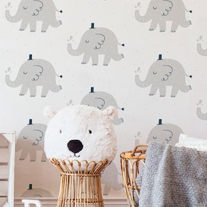 Carta da parati con animali da staccare e attaccare / Carta da parati grigia carina per cameretta / Carta da parati tradizionale con elefanti boho / ANI15