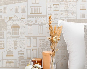 minimalism city Wallpaper, Removable Wall Art, Traditional Pre paste wallpaper, beige Self-Adhesive, skandinavian wallpaper, minimal