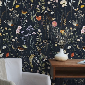 Botanical & Floral Wallpaper Peel and Stick | Dark Navy Wallpaper for Bedroom | Modern Flowers and Birds Non-Woven Wallpaper | FLR50