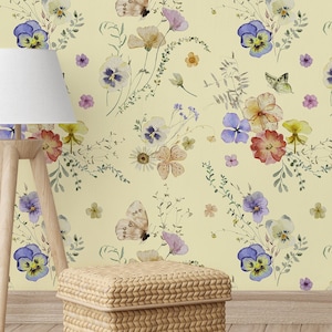 Botanical & Floral Wallpaper Peel and Stick | Fun Yellow Wallpaper for Bedroom | Vintage Summer Flowers Traditional Wallpaper | WF08