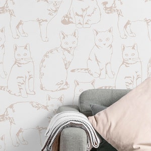 Carta da parati con animali da staccare e attaccare / Carta da parati beige carina per la cameretta dei bambini / Carta da parati tradizionale con gatti minimalisti / ANI23