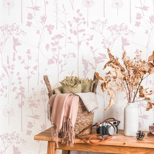 Florale Tapete schälen und aufkleben | Niedliche rosa Tapete für Mädchenzimmer | Minimalistische einfache Blumen traditionelle Tapete | FLR13