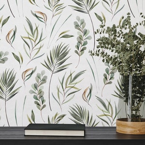 Botanical & Floral Wallpaper Peel and Stick | Cute Green Wallpaper for Bedroom | Scandinavian Leaves Traditional Non-Woven Wallpaper | WF09
