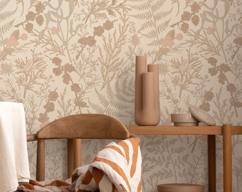 Botanical & Floral Wallpaper Peel and Stick | Calm Brown Wallpaper for Bedroom | Boho Fern Traditional Non-Woven Wallpaper | FLR35