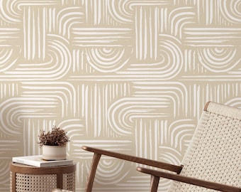 Abstract Wallpaper Peel and Stick | Neutral Beige Wallpaper for Living Room | Geometric Lines Traditional Wallpaper | AB04