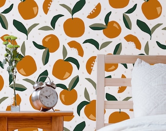 Cute Oranges Wallpaper, Removable Wall Art, Traditional Pre paste wallpaper, Cottage Wallpaper Self-Adhesive, scandinavian wallpaper.