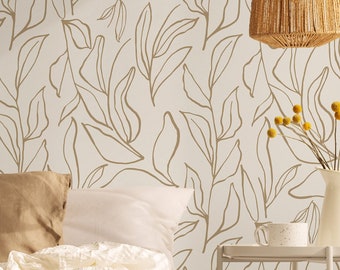 Tropical Wallpaper Peel and Stick | Neutral Beige Wallpaper for Bedroom | Boho Leaves Traditional Non-Woven Wallpaper | FLR34