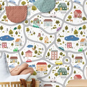 Landschafts-Tapete schälen und aufkleben | Verspielte weiße Tapete für Kinderzimmer | Moderne Stadt Strassen Traditionell Vlies Tapete | PLAN03