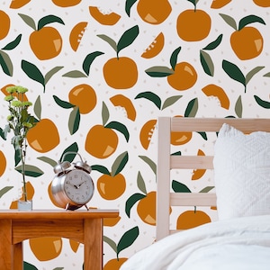Fruits & Vegetables Wallpaper Peel and Stick | Fun Orange Wallpaper for Kitchen | Boho Oranges Traditional Non-Woven Wallpaper | FV03