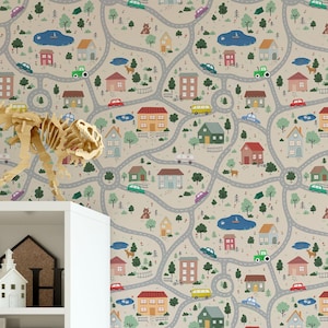 Landschafts-Tapete schälen und aufkleben | Beige Tapete für Kinderzimmer | Moderne Stadt Strassen Traditionell Vlies Tapete | PLAN04