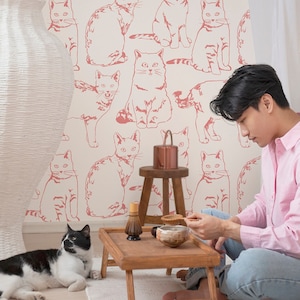 Cats Wallpaper, Removable and Peel&Stick Wall Art, Traditional Pre-pasted wallpaper, Pink minimalism Wallpaper, Self-Adhesive easy to instal