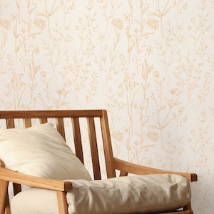 Botanical & Floral Wallpaper Peel and Stick | Cute Orange Wallpaper for Girls Room | Minimalistic Florals Non-Woven Wallpaper | FLR07