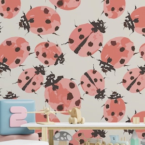 Carta da parati con insetti e insetti staccabile e attaccabile / Carta da parati rosa carina per la cameretta dei bambini / Carta da parati tradizionale in tessuto non tessuto con coccinelle scandinave / BG04