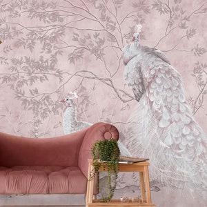 Chinoiserie Wallpaper Drawing mural, Traditional or Pre pasted wallpaper, Pink Wall mural, Self-Adhesive, Peel&Stick, minimalistic neutral.