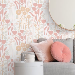 Botanical & Floral Wallpaper Peel and Stick | Cute Pink Wallpaper for Girls Room | Abstract Flowers Traditional Wallpaper | FLR06